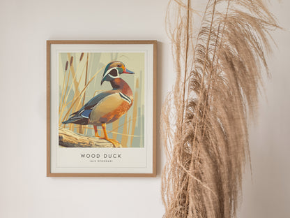 Framed wood duck art print in modern style, showcasing vibrant teal and orange feathers, perfect for nature-inspired decor.