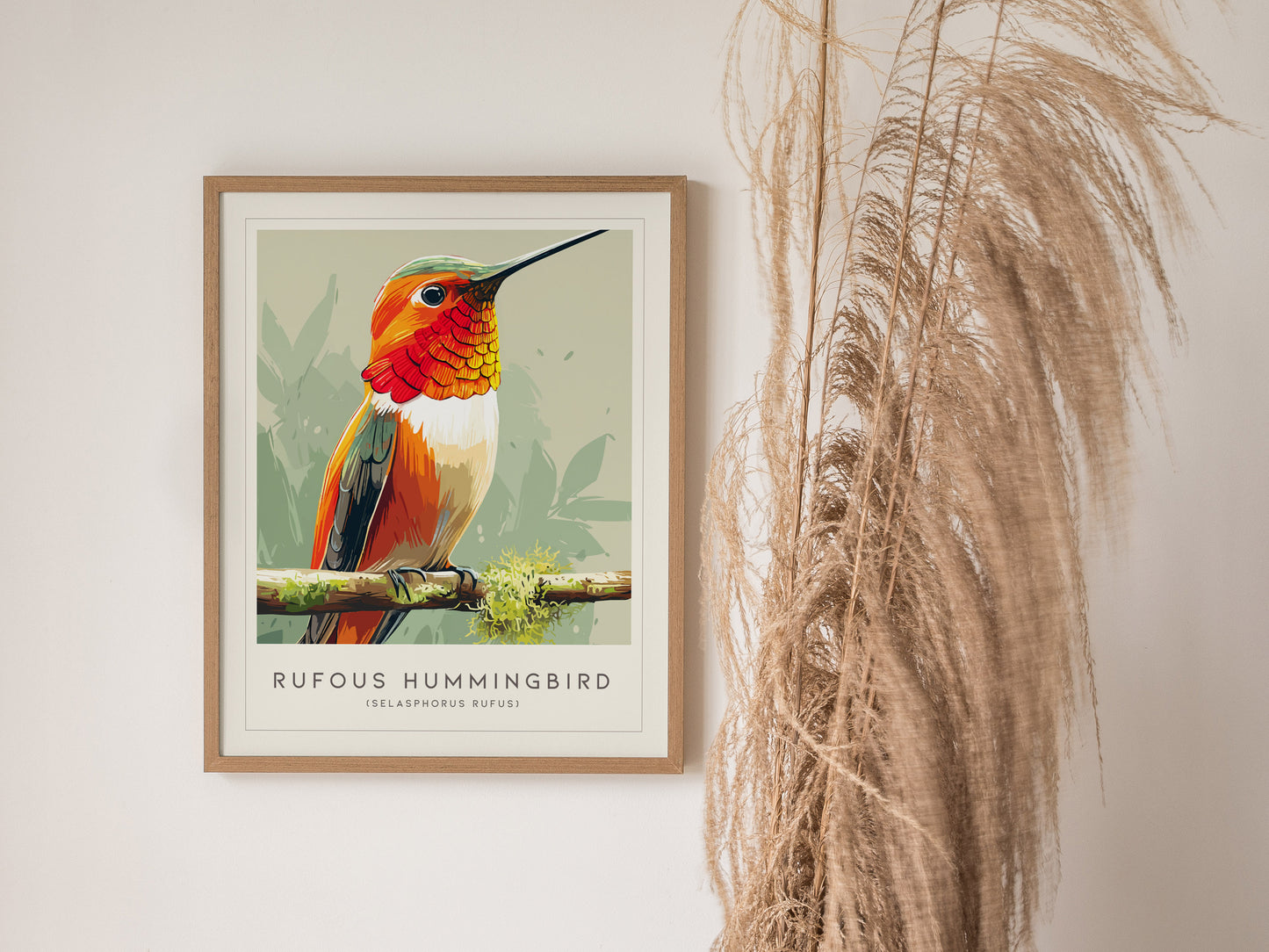 Rufous Hummingbird, Selasphorus rufus Poster | Vibrant Bird Wall Art — styled in a modern interior