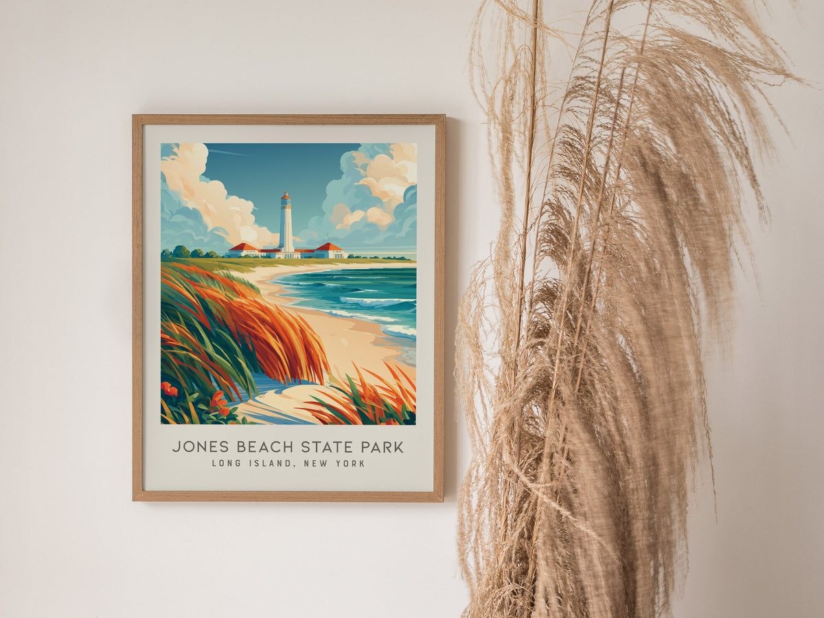 Jones Beach State Park Matte Border Poster | Long Island, New York Coastal Beach Decor — styled in a modern interior
