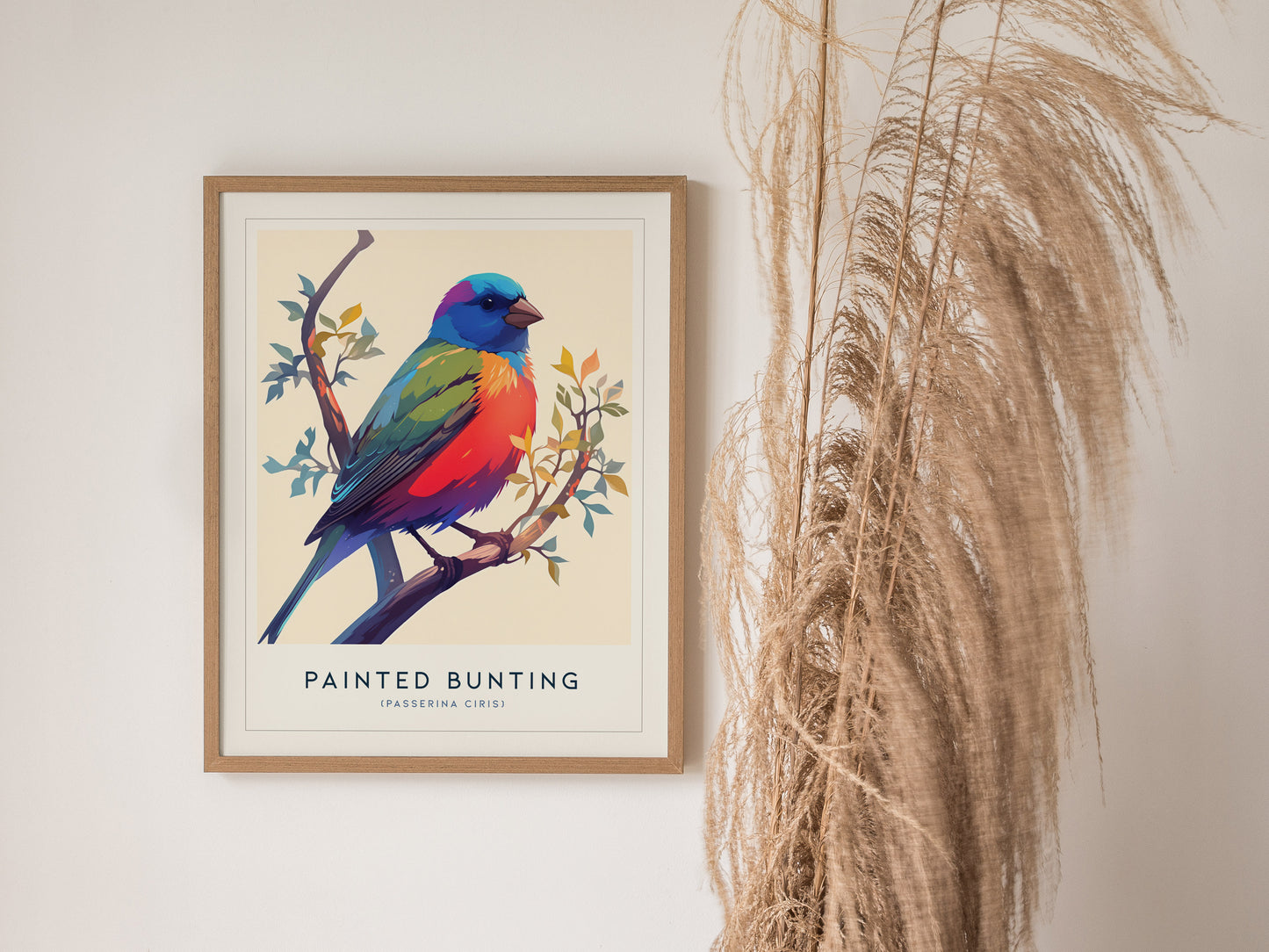 Vibrant Painted Bunting perched on a branch, showcasing bold colors of blue, green, red, and purple in a modern framed art print.