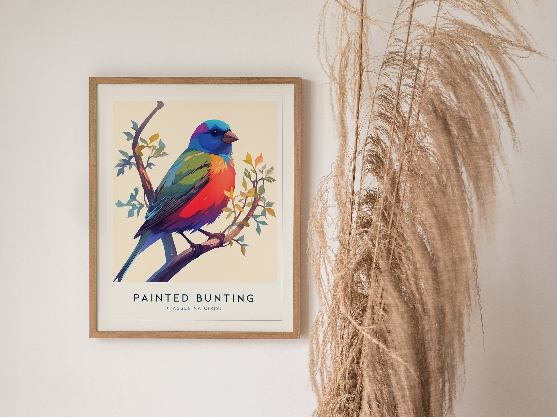 Vibrant Painted Bunting perched on a branch, showcasing bold colors of blue, green, red, and purple in a modern framed art print.