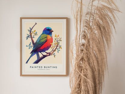Vibrant Painted Bunting perched on a branch, showcasing bold colors of blue, green, red, and purple in a modern framed art print.