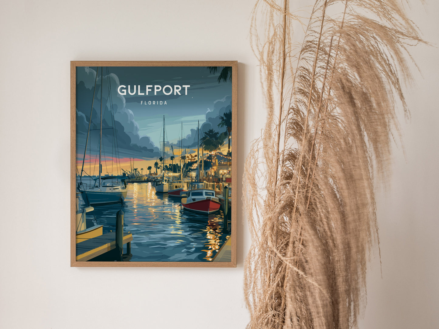 Gulfport, Florida Poster | Charming Waterfront Village Sunset Wall Art — styled in a modern interior