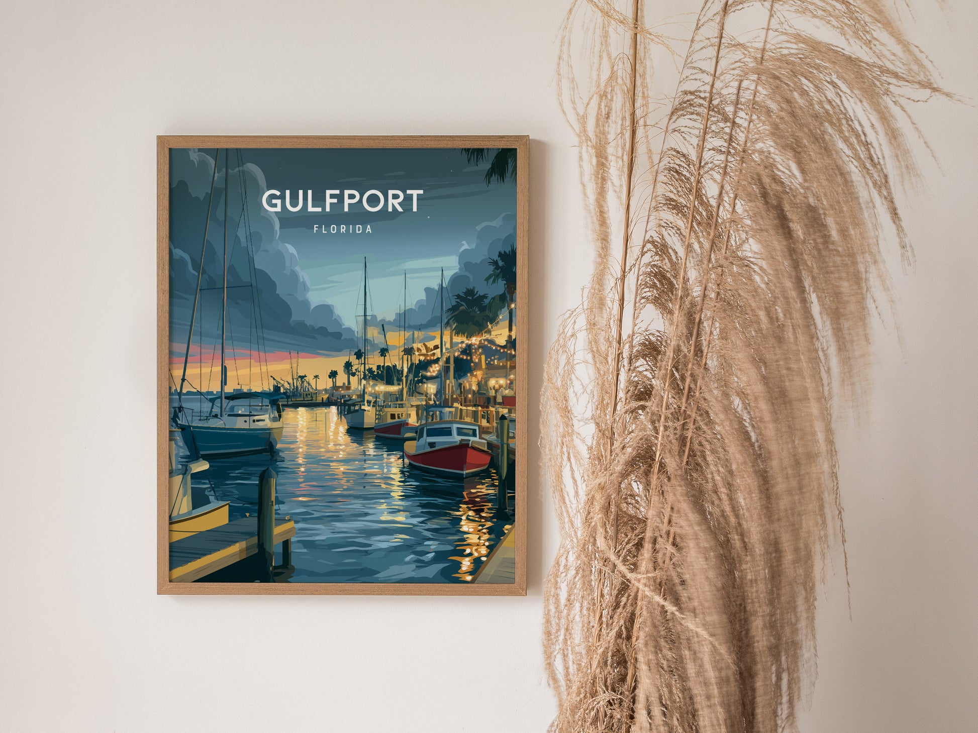 Gulfport, Florida Poster | Charming Waterfront Village Sunset Wall Art — styled in a modern interior