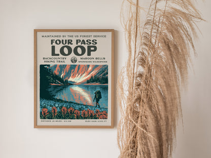 Four Pass Loop, Maroon Bells-Snowmass Wilderness Poster | Hiker Gift | Backcountry Trail Wall Art — styled in a modern interi