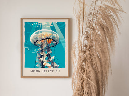 Moon Jellyfish Poster | Ethereal Ocean Drifters Wildlife Wall Art — styled in a modern interior