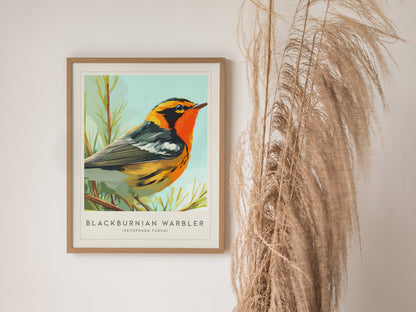 Blackburnian Warbler, Setophaga fusca Poster | Fiery Songbird Nature Print Wall Art — styled in a modern interior