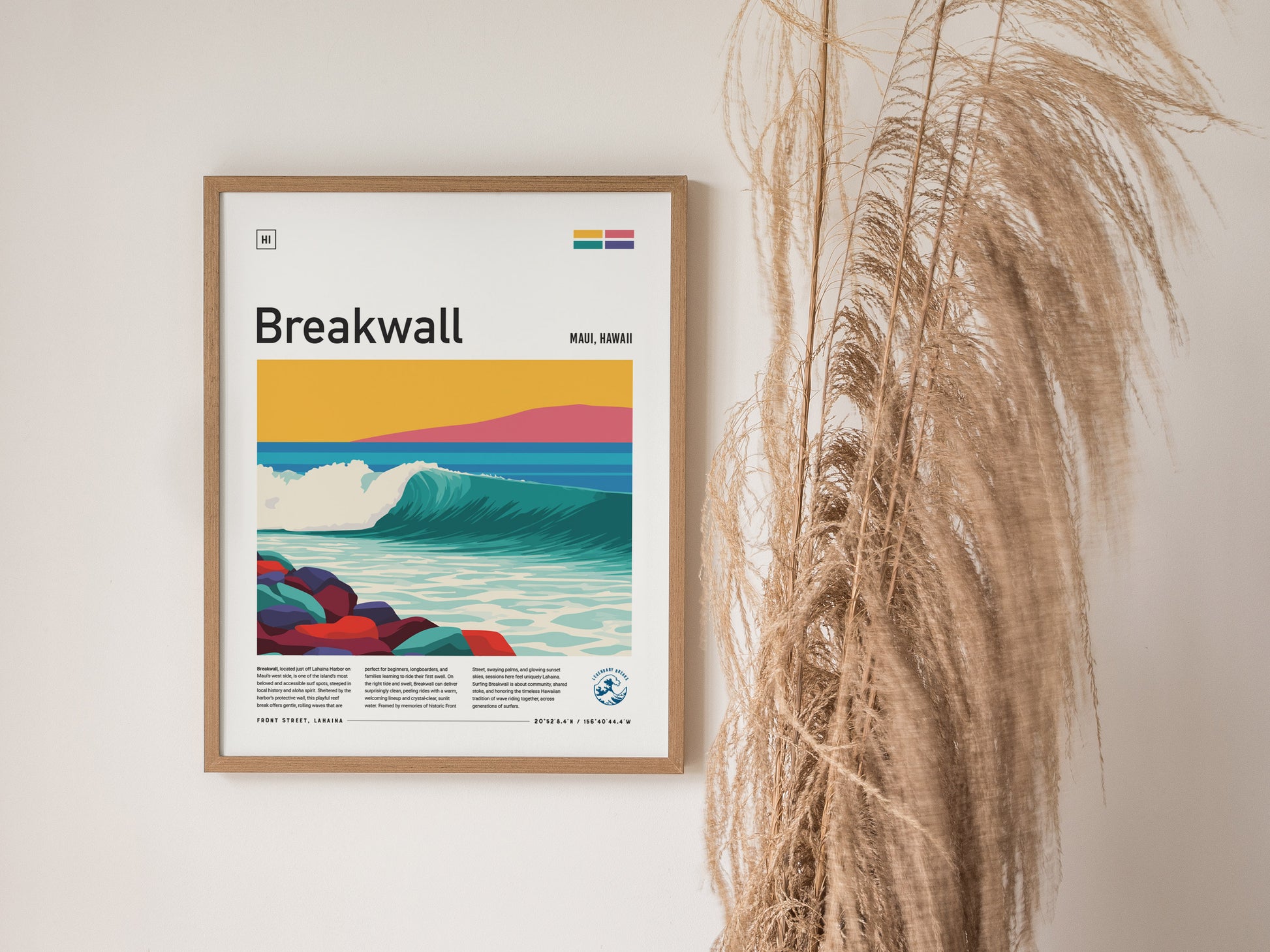 Vibrant Breakwall, Maui poster showcasing a bold surf wave crashing on rocky shores, perfect surf art for décor or surfer gifts.