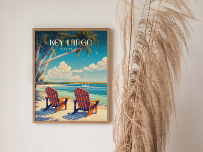 A framed poster of Key Largo, Florida Keys, shows two beach chairs under palm trees facing turquoise waters. Nearby, tall, dried grasses complement the serene coastal artwork.