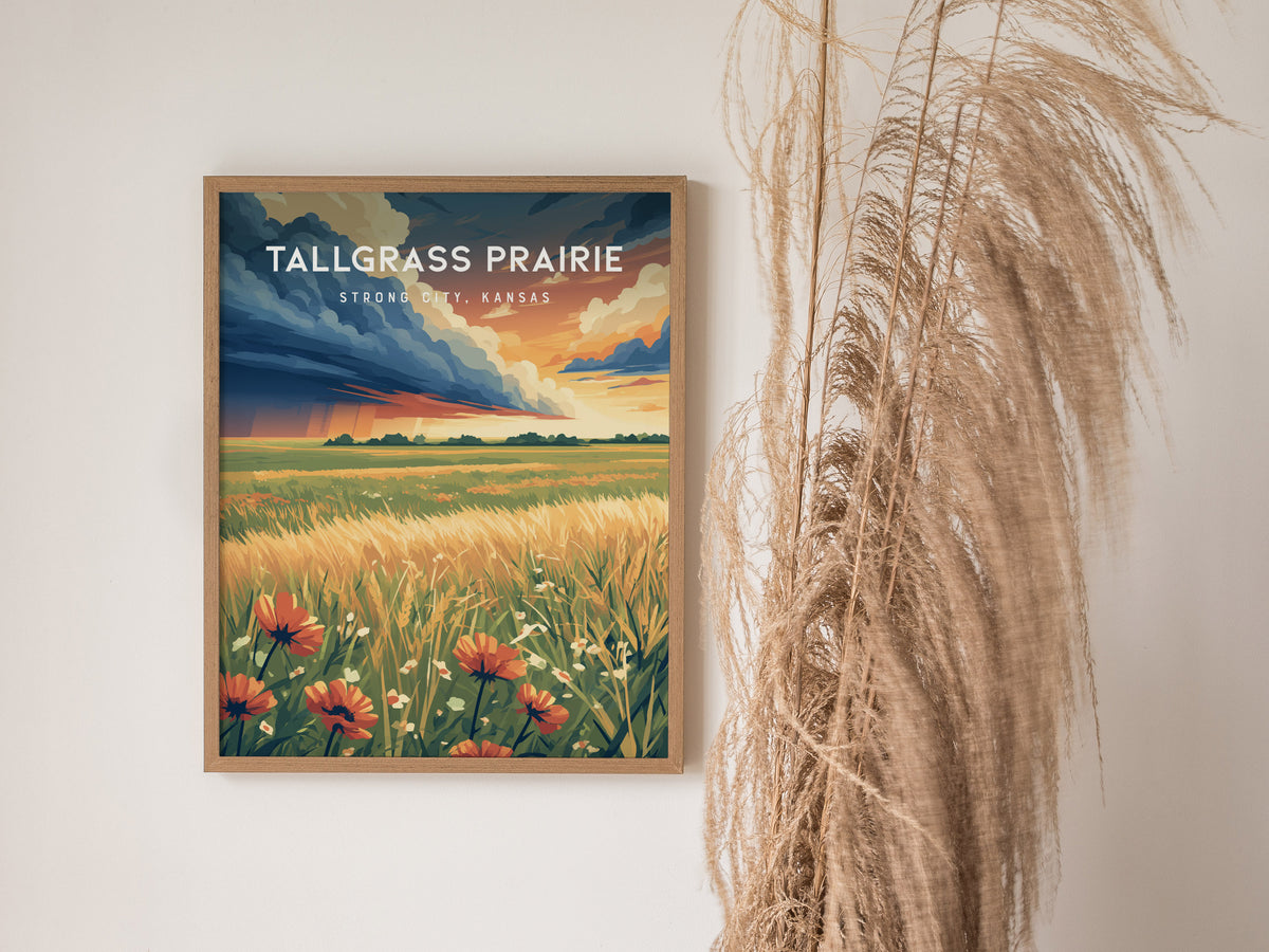 Tallgrass Prairie, Strong City, Kansas Poster | Golden Plains Travel Wall Art — styled in a modern interior