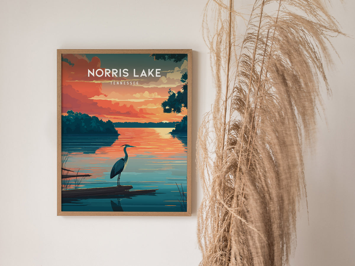 Norris Lake, Tennessee Poster | Lakeside Mountain Retreat Destination Print Wall Art — styled in a modern interior