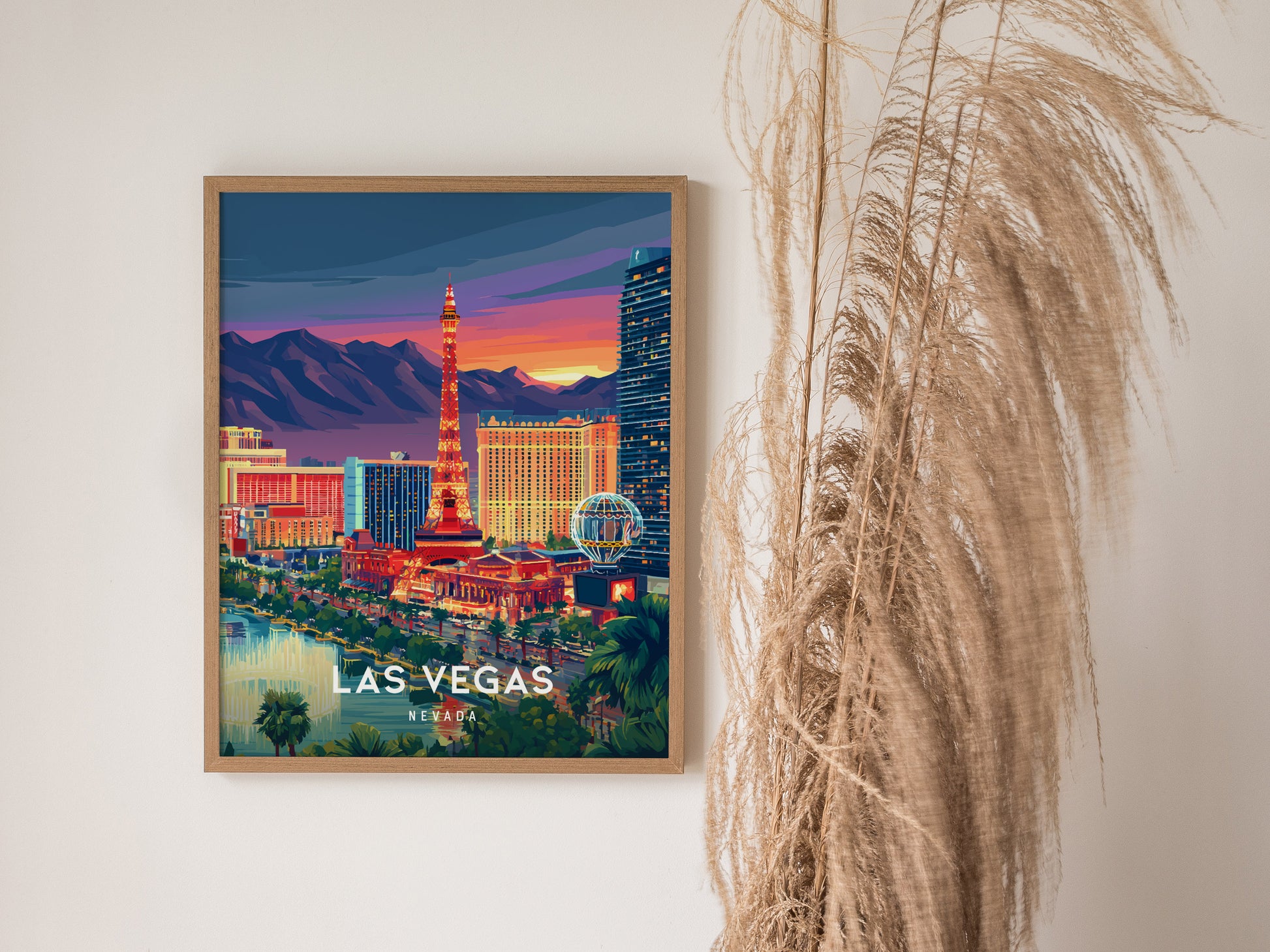 Las Vegas, Nevada Poster | Neon Lights & Desert Skyline Wall Art — styled in a modern interior