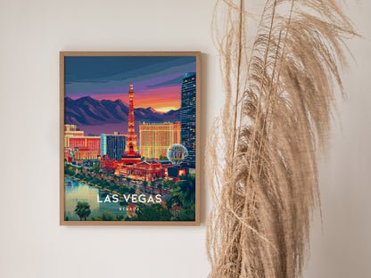 Las Vegas, Nevada Poster | Neon Lights & Desert Skyline Wall Art — styled in a modern interior