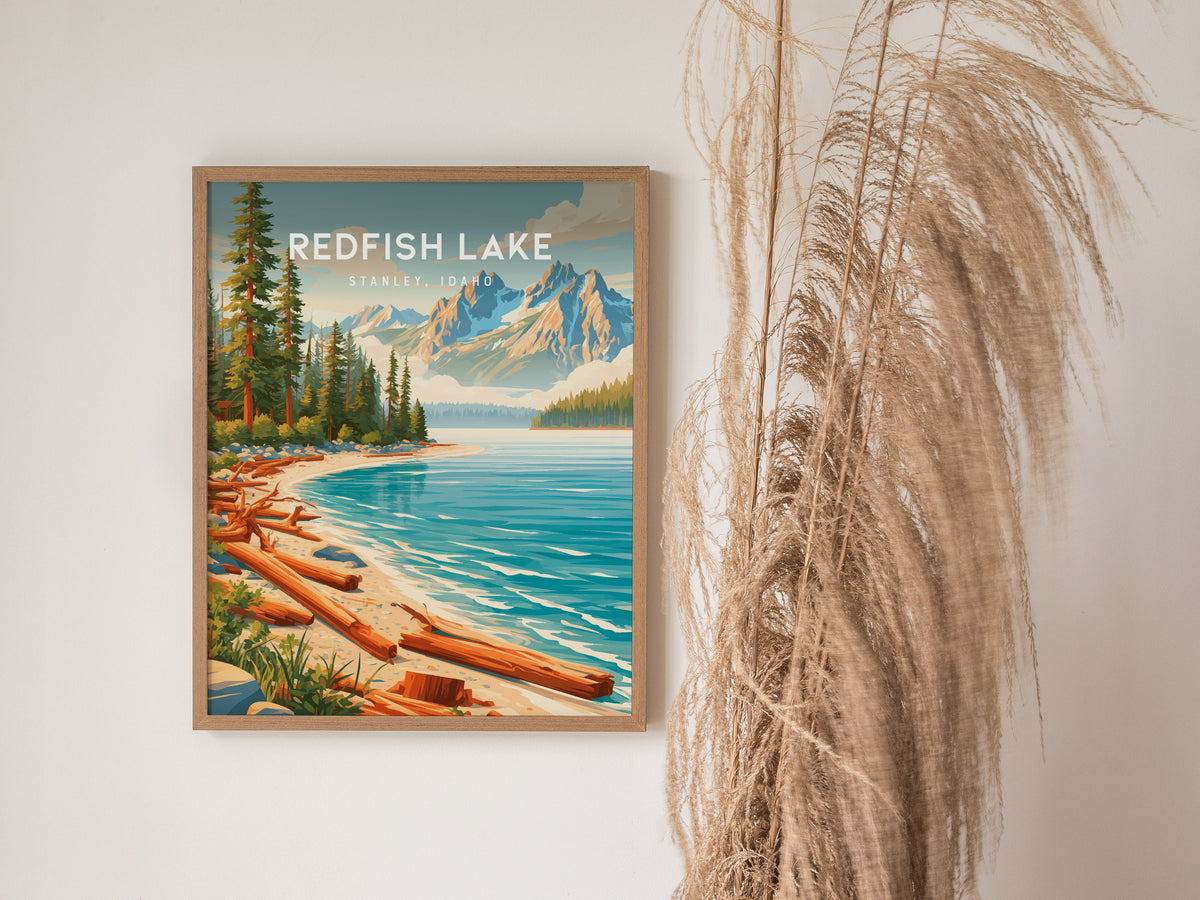 Redfish Lake, Stanley, Idaho Poster | Mountain Lake Destination Print Wall Art — styled in a modern interior