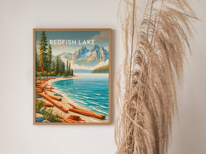 Redfish Lake, Stanley, Idaho Poster | Mountain Lake Destination Print Wall Art — styled in a modern interior