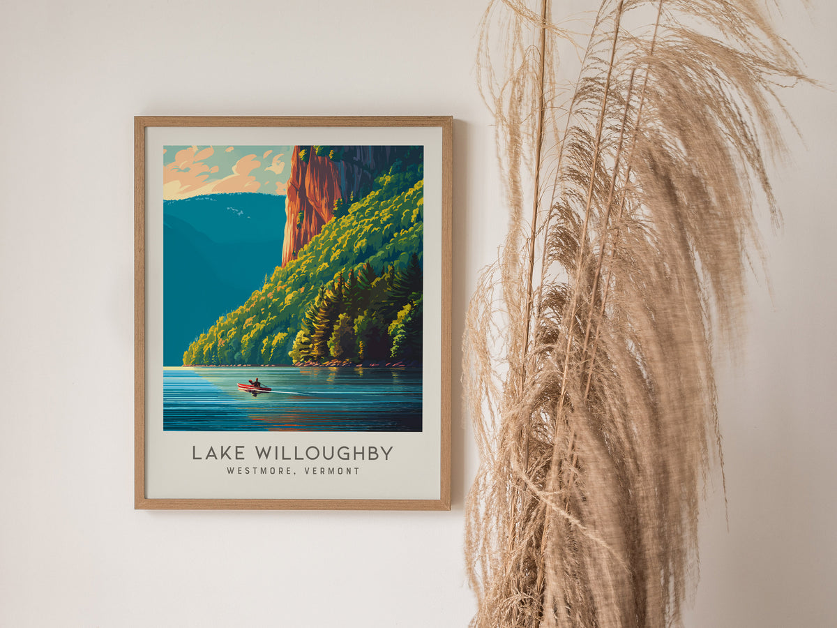 Lake Willoughby Matte Border Poster | Westmore, Vermont Destination Print — styled in a modern interior