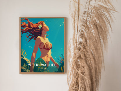 A vibrant illustration of a mermaid with flowing red hair and a seashell top is framed and displayed against a light wall. The artwork features the text WEEKI WACHEE prominently, surrounded by colorful underwater scenery.