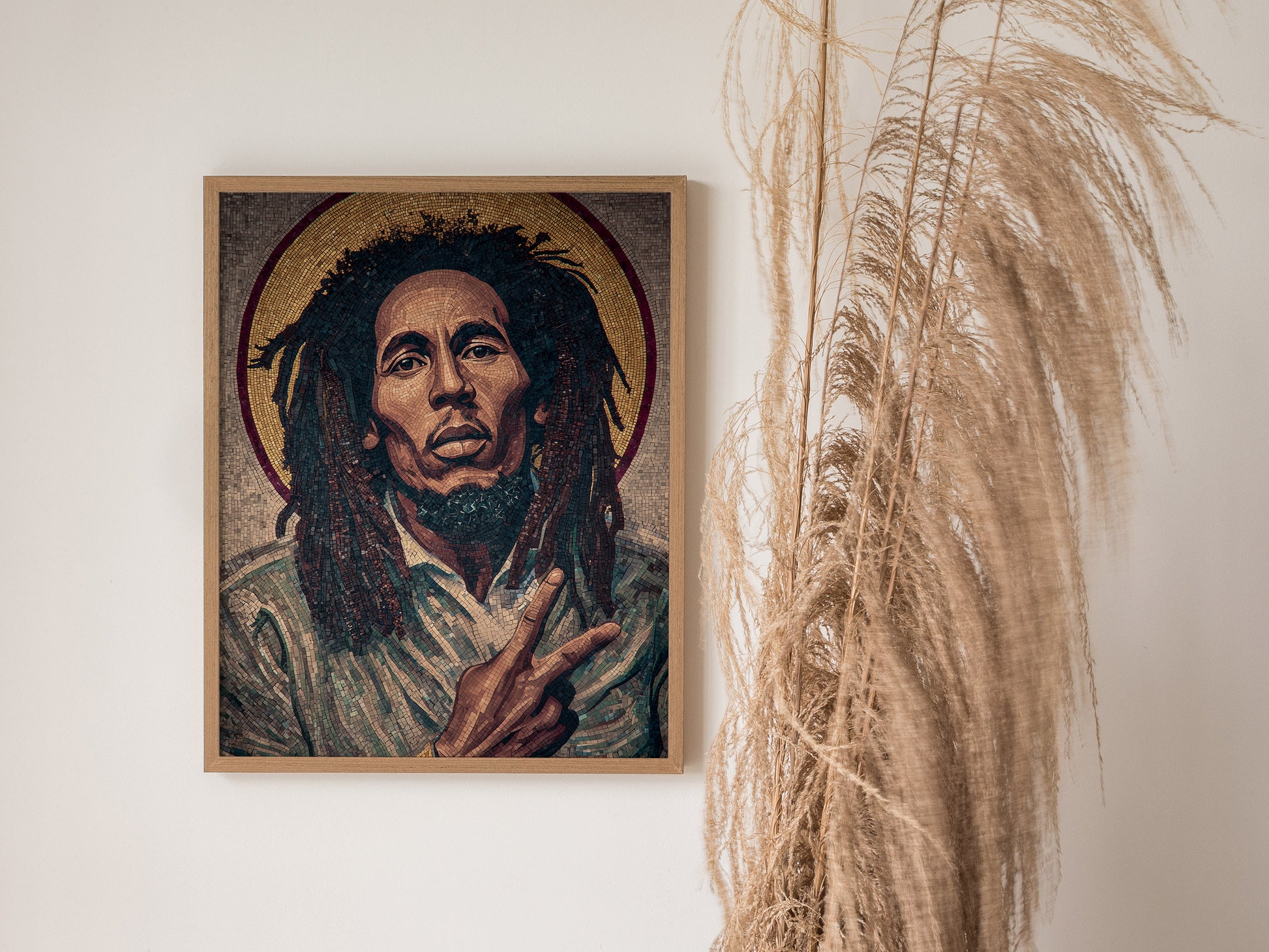 Byzantine-style mosaic portrait art of Bob Marley, featuring earthy tones and textured details, perfect for peaceful wall decor.