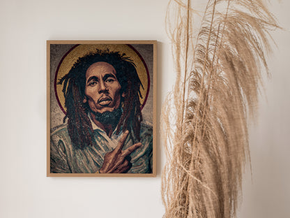 Byzantine-style mosaic portrait art of Bob Marley, featuring earthy tones and textured details, perfect for peaceful wall decor.