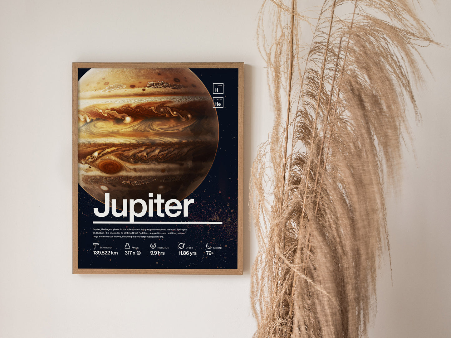 A framed Jupiter poster with bold equatorial bands and the Great Red Spot is displayed on a wall beside tall, dried grasses.
