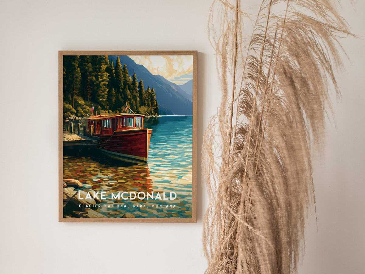 Lake McDonald, Glacier National Park, Montana Poster | Mountain Lake Reflections Destination Print Wall Art — styled in a mod