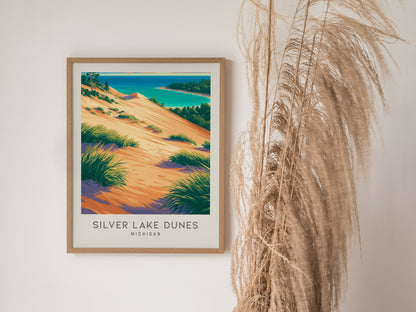 Silver Lake Dunes Matte Border Poster | Michigan Coastal Beach Decor Travel Wall Art — styled in a modern interior