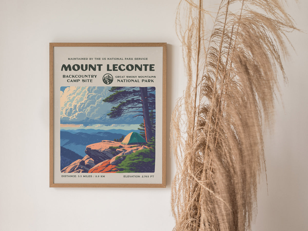 Mount LeConte, Great Smoky Mountains National Park Poster | Hiker Gift | Backcountry Trail Wall Art — styled in a modern inte