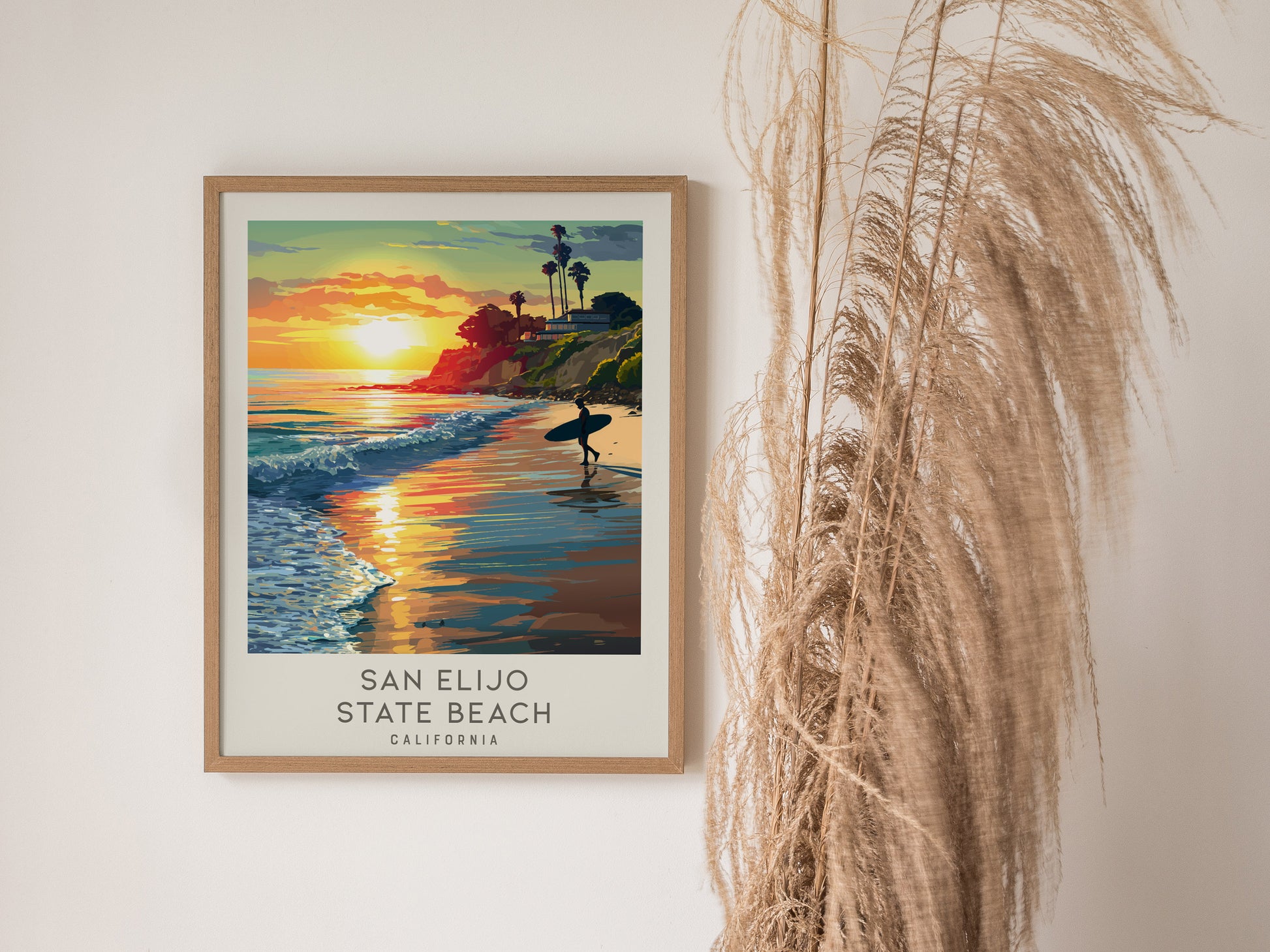 San Elijo State Beach Matte Border Poster | California Travel Wall Art — styled in a modern interior