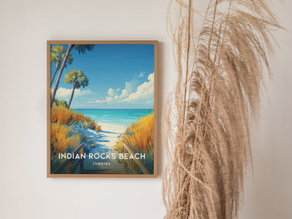 Home setting displaying framed and unframed wall art posters of a serene boardwalk at Indian Rocks Beach, Florida.