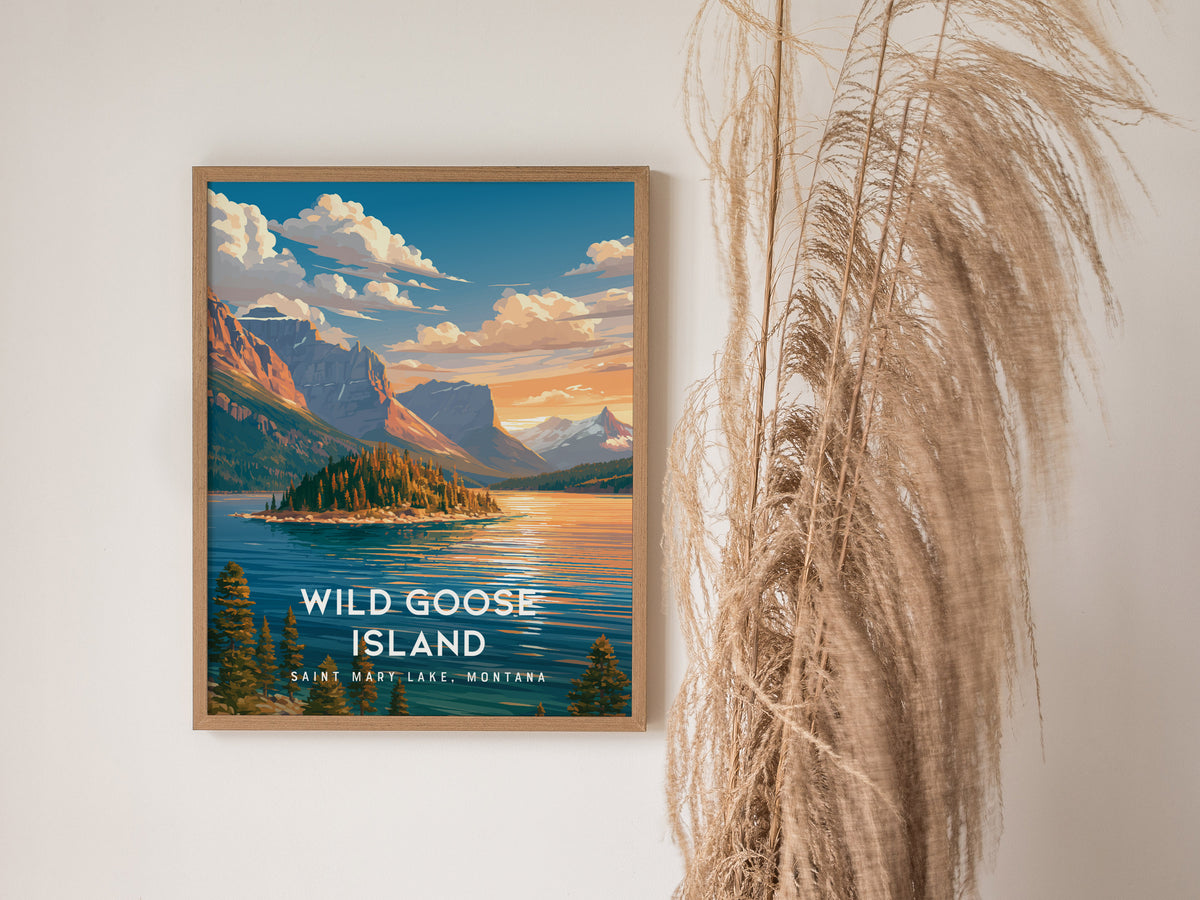 Wild Goose Island, Saint Mary Lake, Montana Poster | Mountain Lake Destination Print Wall Art — styled in a modern interior