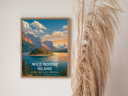 Wild Goose Island, Saint Mary Lake, Montana Poster | Mountain Lake Destination Print Wall Art — styled in a modern interior
