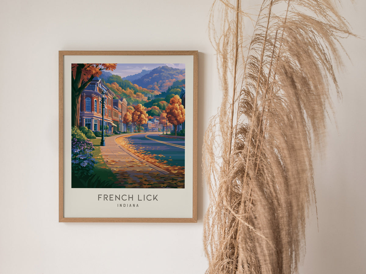 French Lick Matte Border Poster | Indiana Destination Print Travel Wall Art — styled in a modern interior