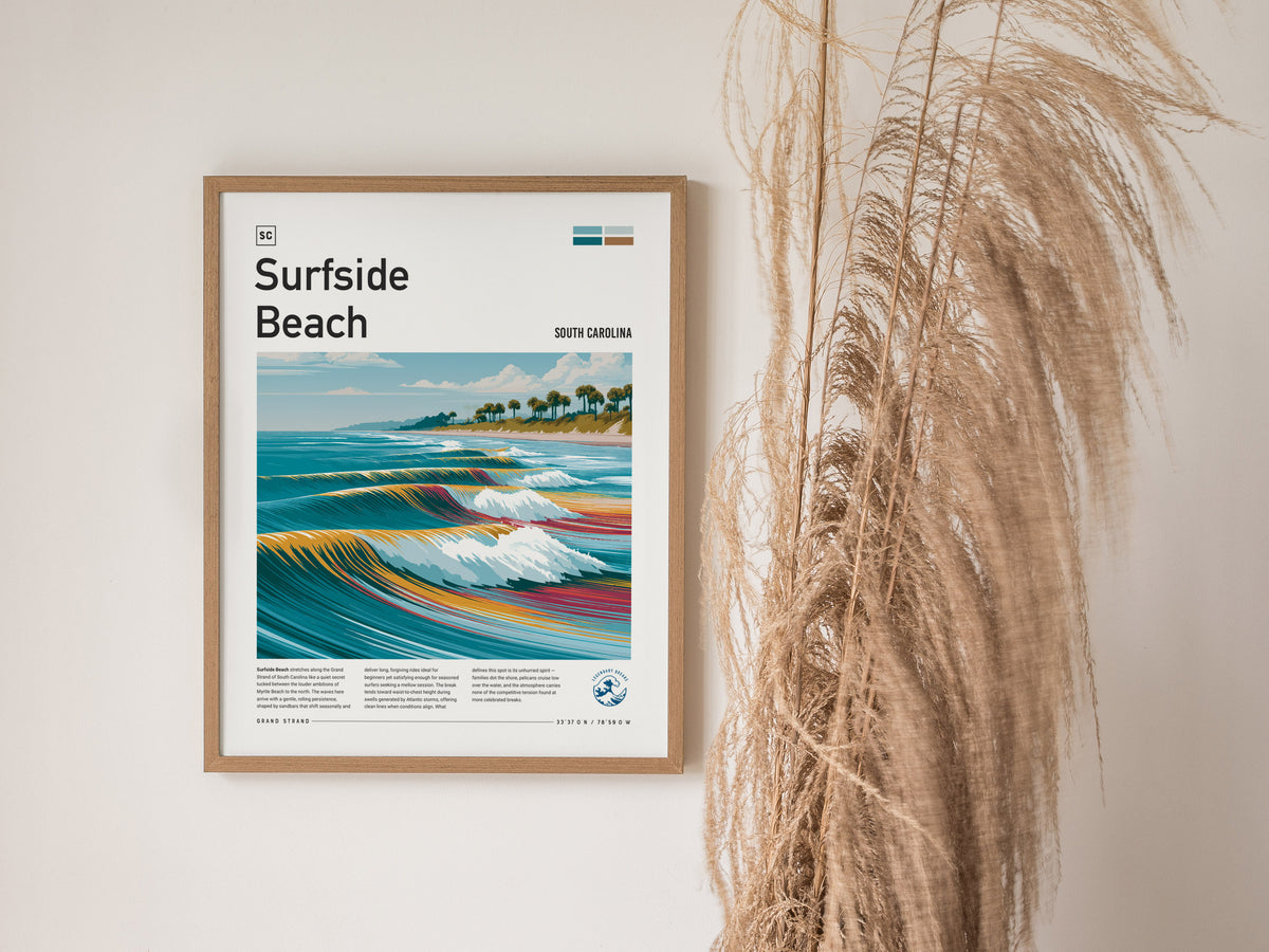 Surfside Beach, South Carolina Poster | Coastal Surf Town Wave Print Wall Art — styled in a modern interior