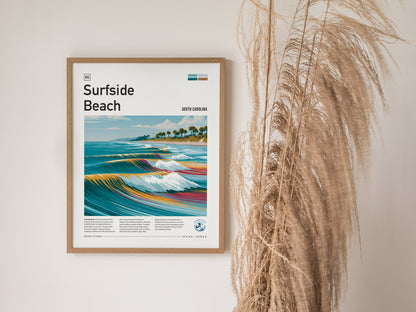 Surfside Beach, South Carolina Poster | Coastal Surf Town Wave Print Wall Art — styled in a modern interior