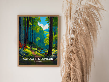 Framed Catoctin Mountain Maryland poster featuring a lush forest path, vibrant greens, and hikers, ideal travel art for nature lovers.