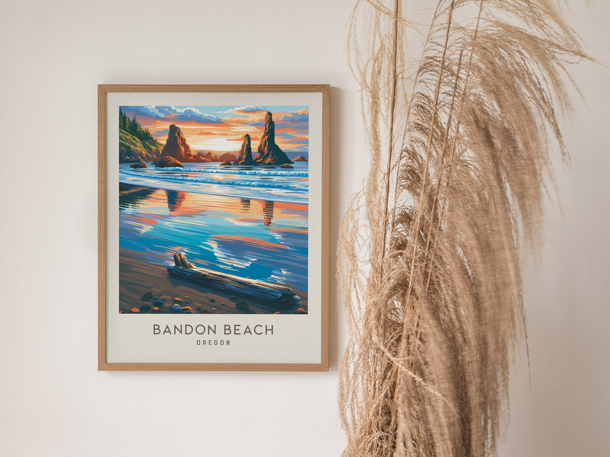 Bandon Beach Matte Border Poster | Oregon Coastal Beach Decor — styled in a modern interior