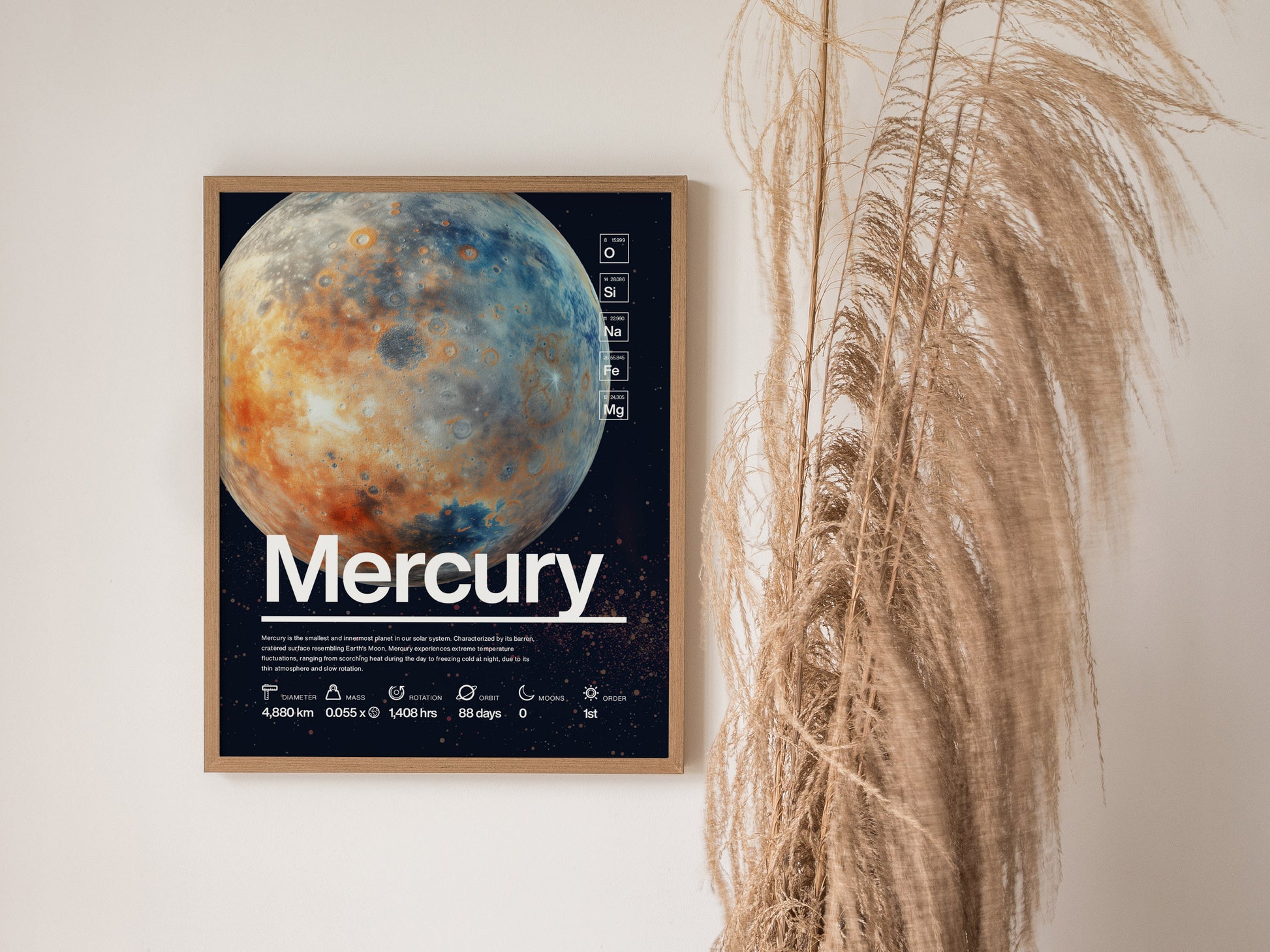A framed poster of Mercury, featuring its cratered surface, hangs on a wall next to tall, dried pampas grass. The word Mercury is prominently displayed at the bottom.