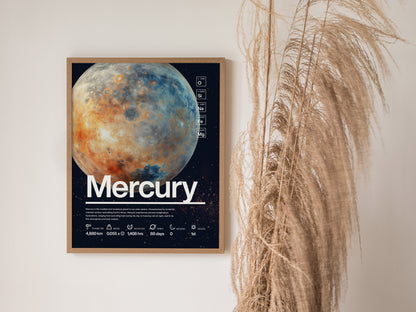 A framed poster of Mercury, featuring its cratered surface, hangs on a wall next to tall, dried pampas grass. The word Mercury is prominently displayed at the bottom.