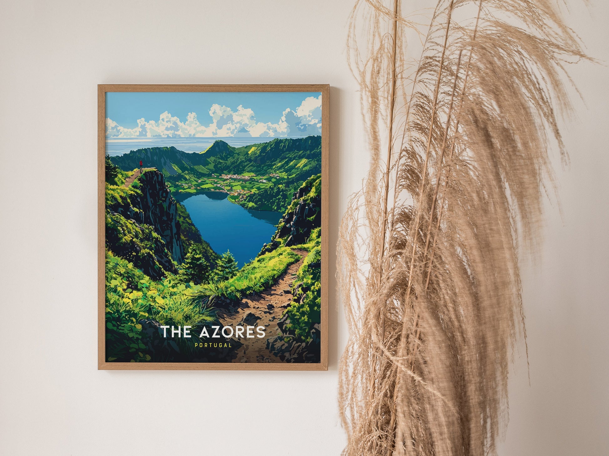 Framed poster of The Azores landscape on a wall with decorative elements.