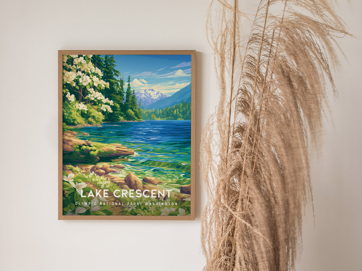 Lake Crescent, Olympic National Park, Washington Poster | Misty Mountain Wilderness Travel Wall Art — styled in a modern inte