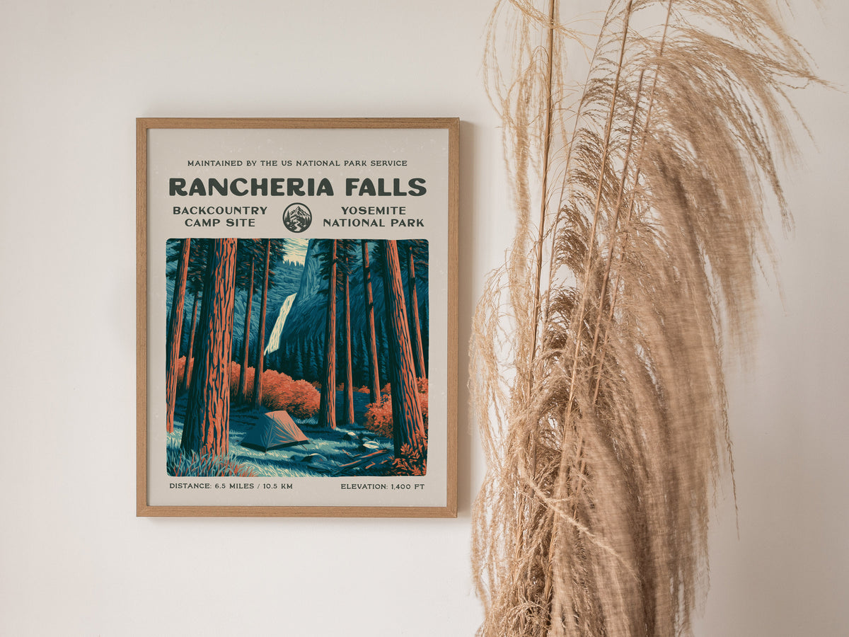 Rancheria Falls, Yosemite National Park Poster | Hiker Gift | Backcountry Trail Wall Art — styled in a modern interior