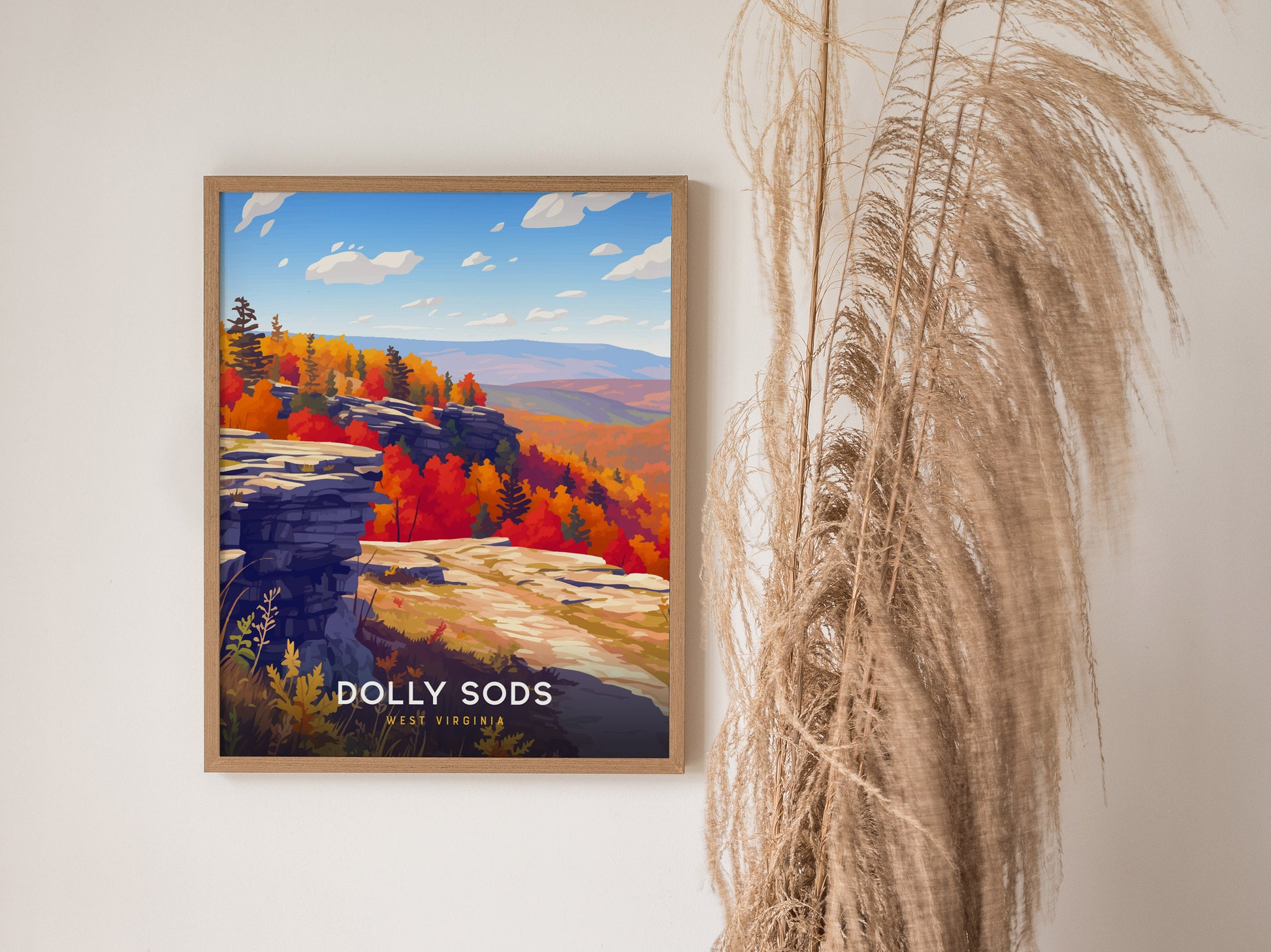 Framed autumn landscape print of Dolly Sods, showcasing vibrant trees, rocky outcrops, and a serene blue sky for travel art enthusiasts.