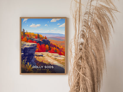 Framed autumn landscape print of Dolly Sods, showcasing vibrant trees, rocky outcrops, and a serene blue sky for travel art enthusiasts.