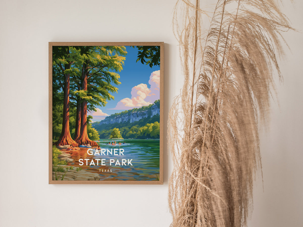 Garner State Park, Texas Poster | Hill Country River Destination Print Wall Art — styled in a modern interior