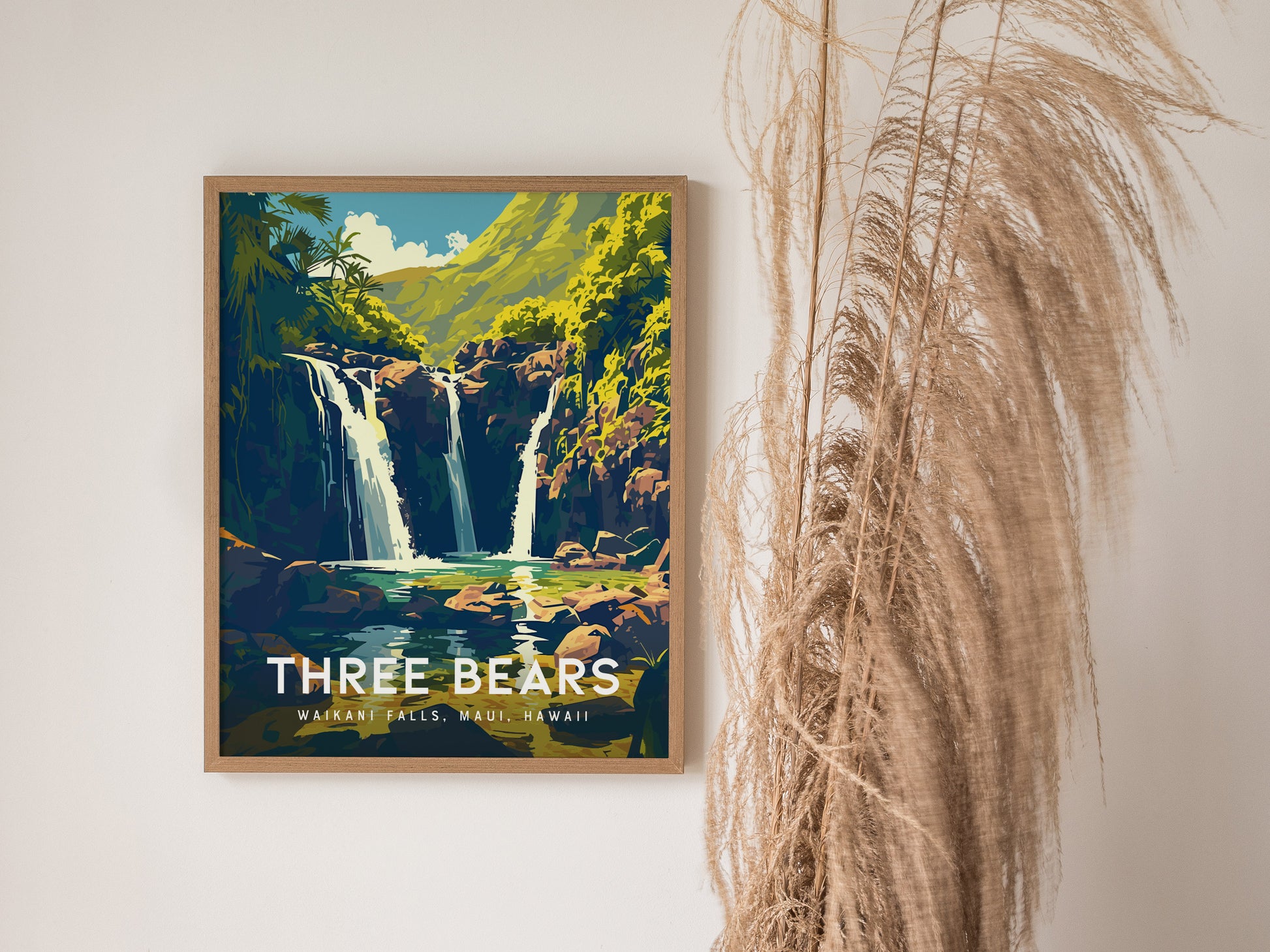 Three Bears Falls Poster | Maui Waterfall Art | Road to Hana Gift