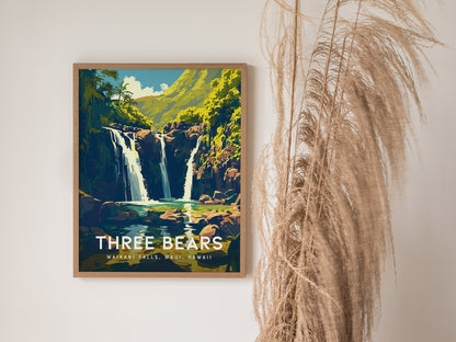 Three Bears Falls Poster | Maui Waterfall Art | Road to Hana Gift