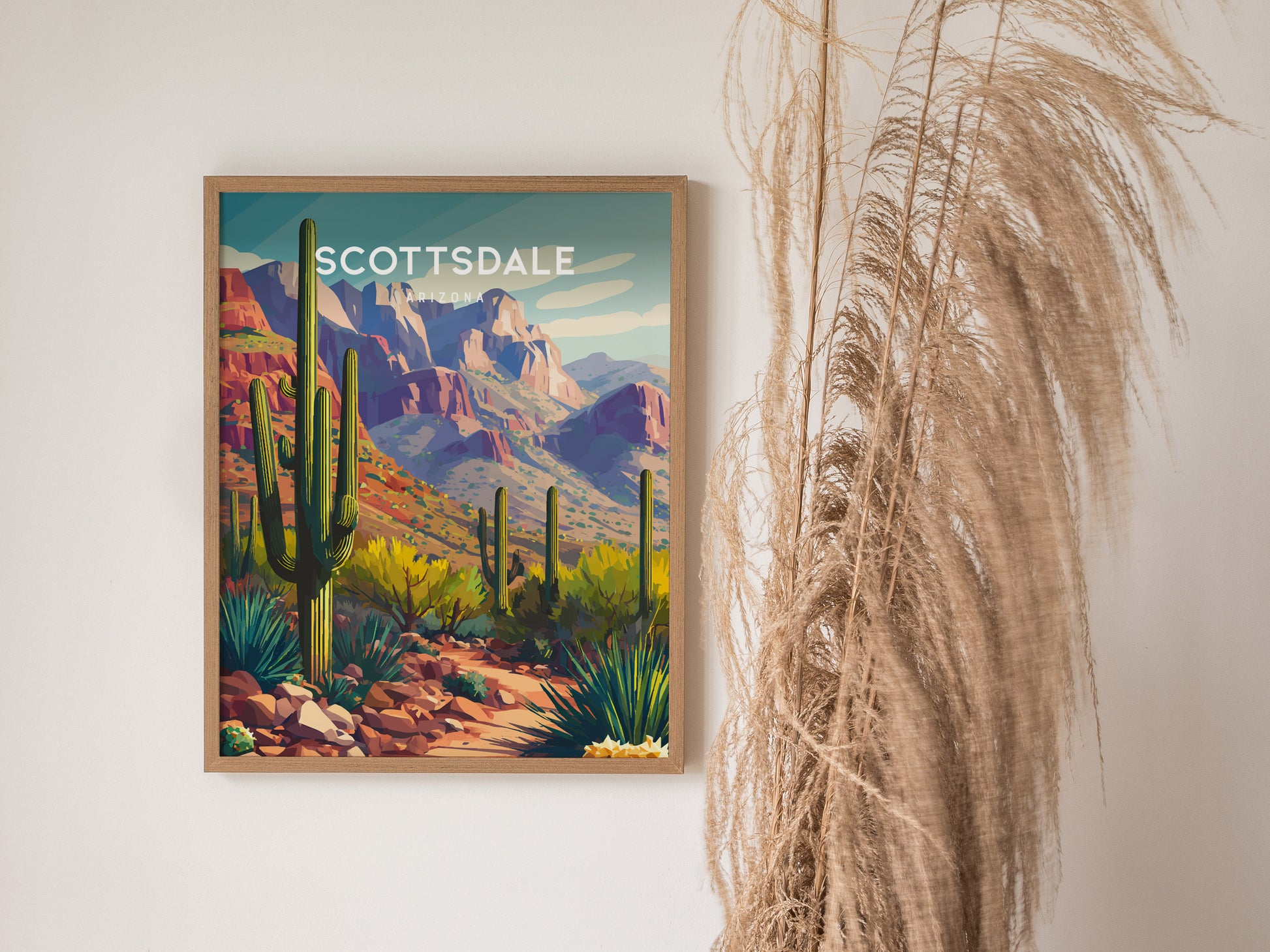 Scottsdale, Arizona Poster | Desert Sunset & Saguaro Cactus Wall Art — styled in a modern interior