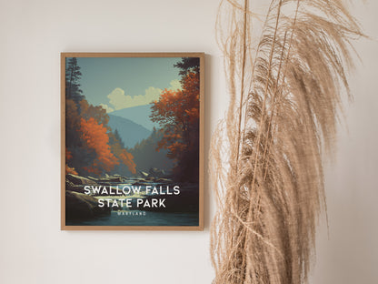 Swallow Falls State Park, Maryland Poster | Waterfall Forest Destination Print Wall Art — styled in a modern interior