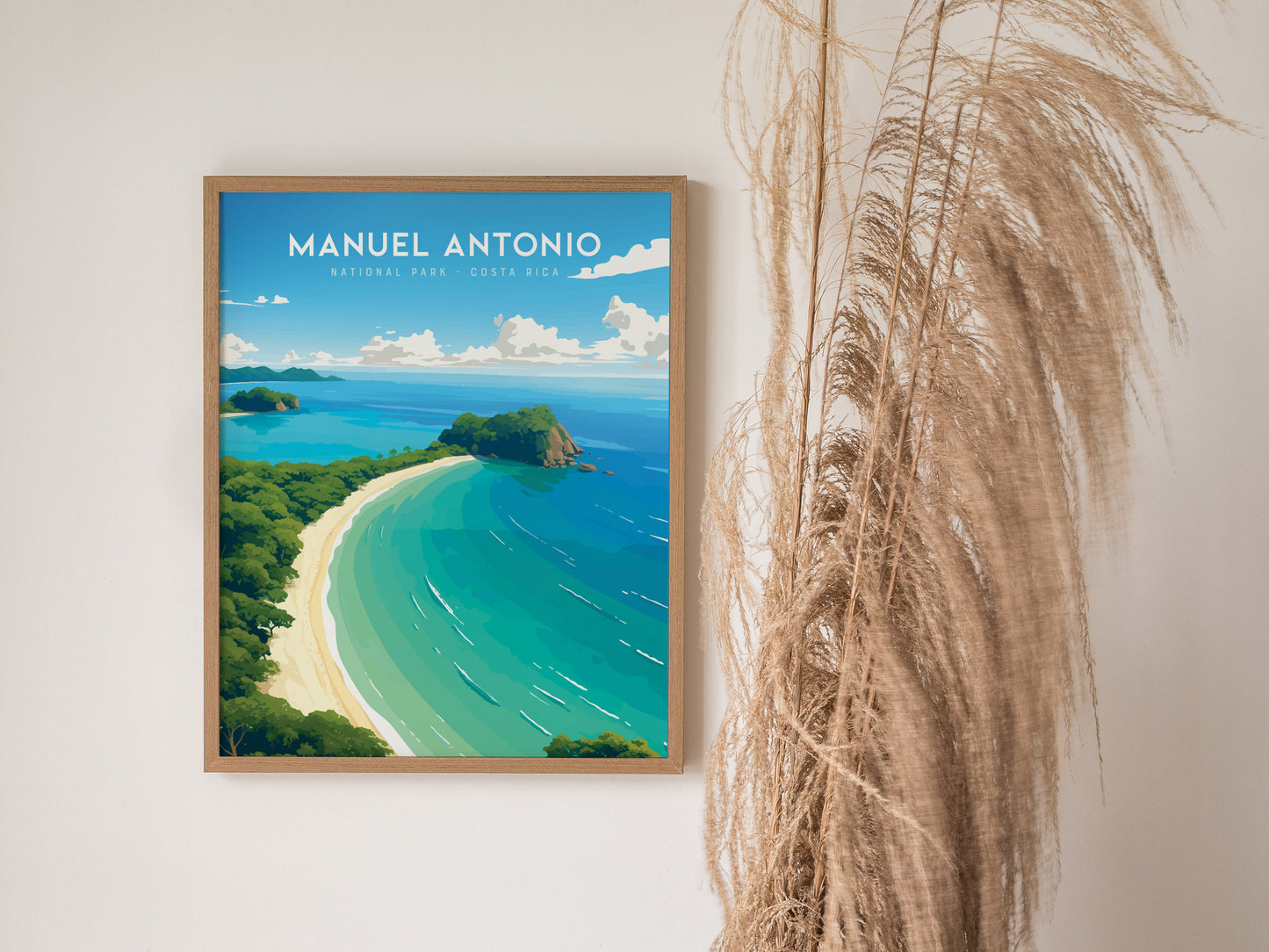 A framed poster of Manuel Antonio National Park, featuring a vibrant coastal scene with turquoise waters and lush greenery, hangs on a wall beside tall dried grasses.