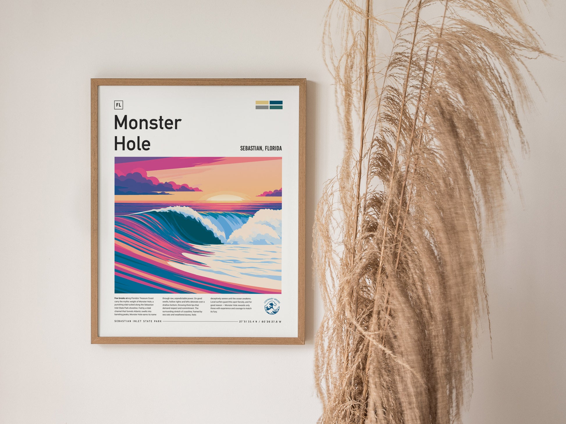 Monster Hole, Florida Poster | Barrel Wave & Tropical Surf Wall Art — styled in a modern interior